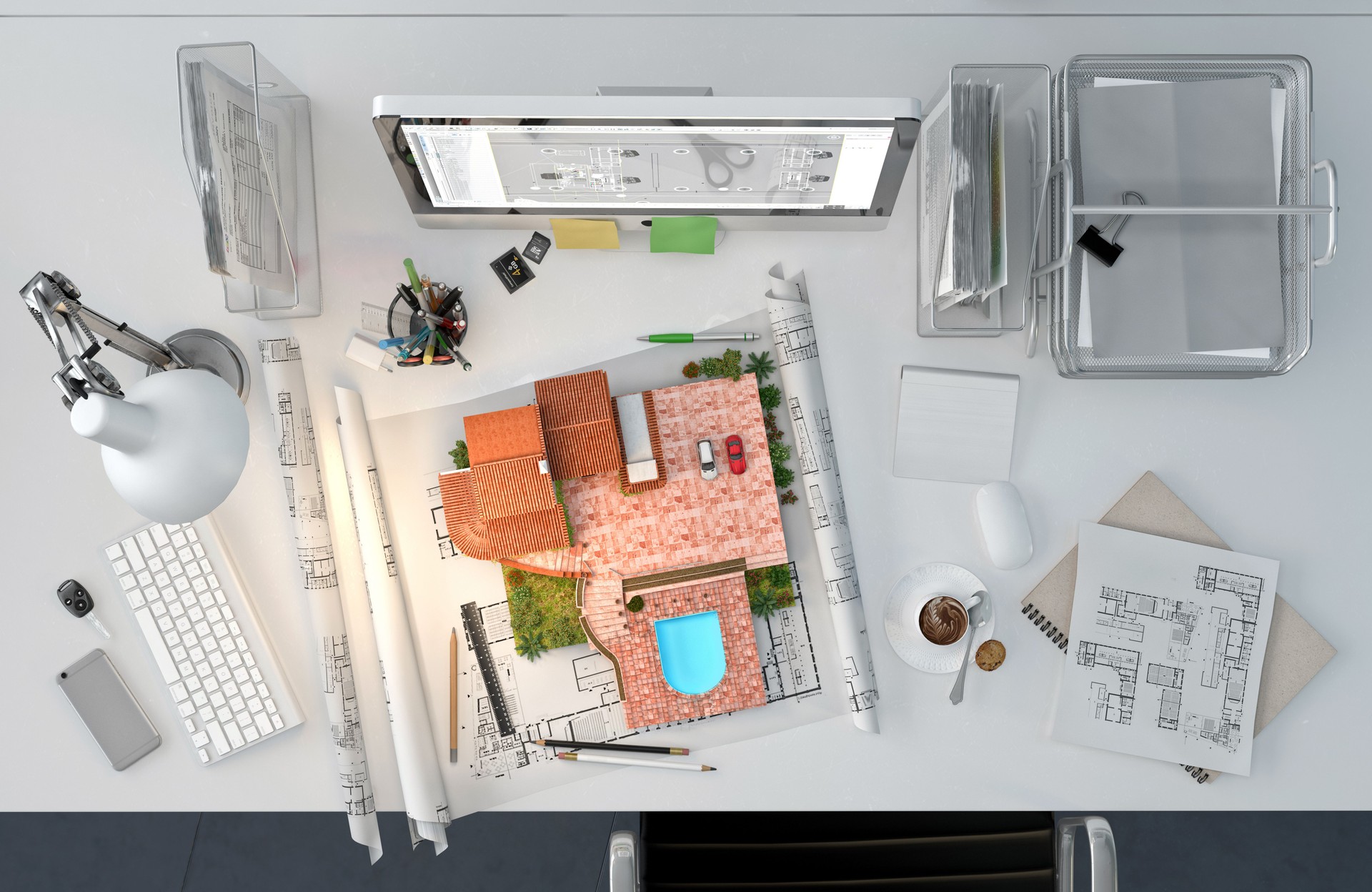 Architect's workspace with house model and blueprints.